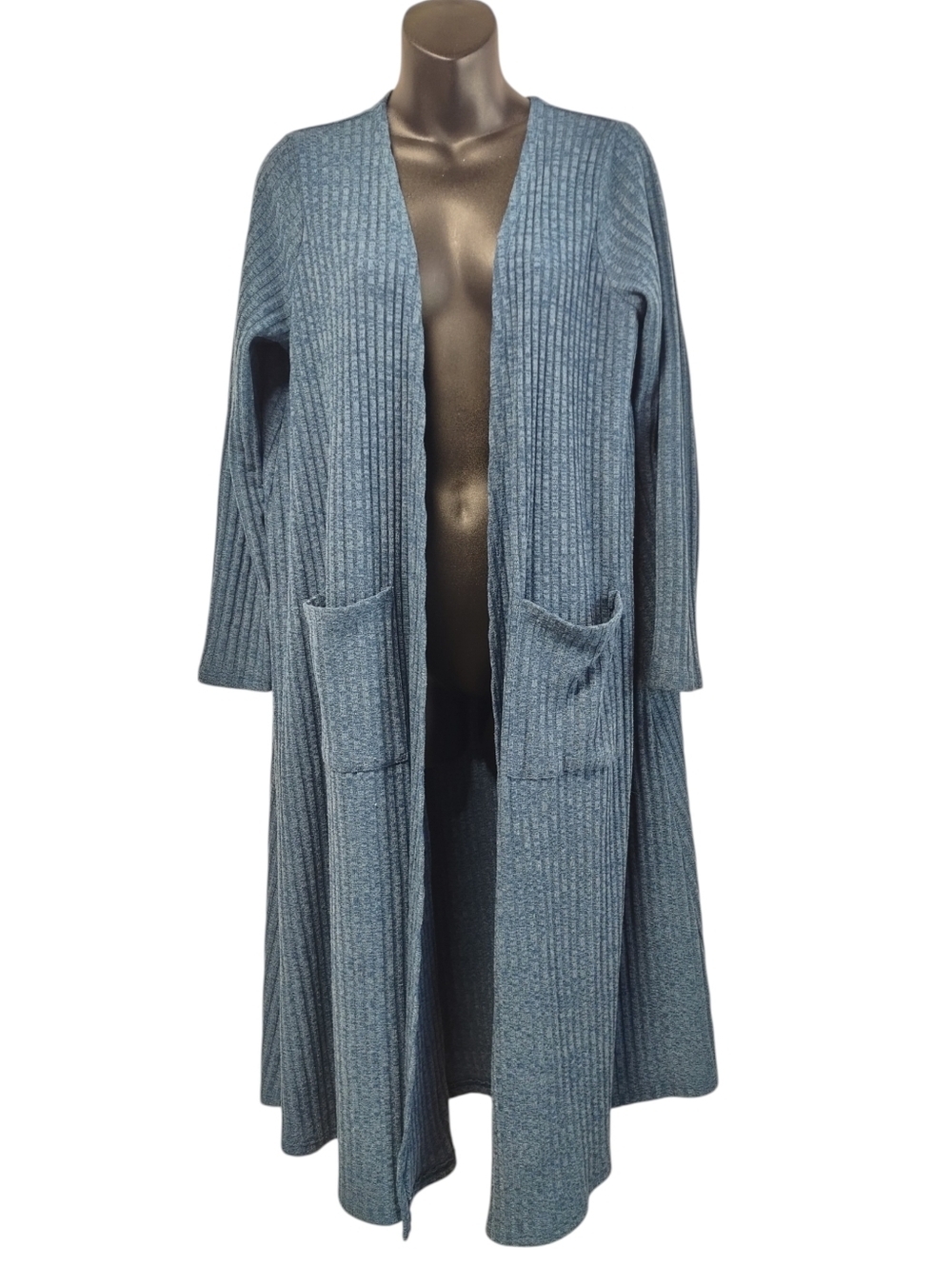 LuLaRoe Savannah Duster Cardigan Blue Ribbed Knit Long Open Front Pocket Size L